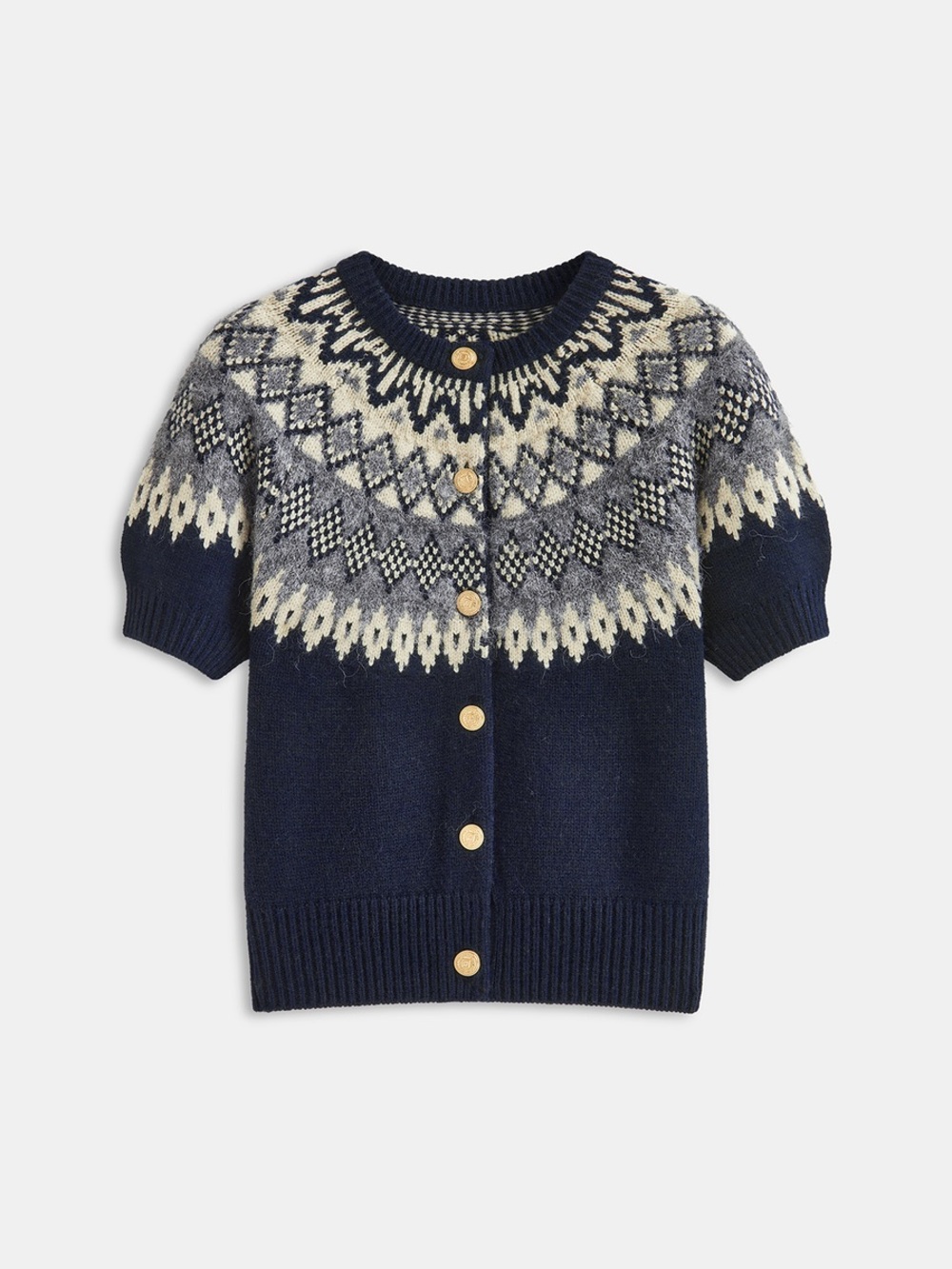 Commense Cashmere-Blend Fair Isle Short-Sleeve Cardigan